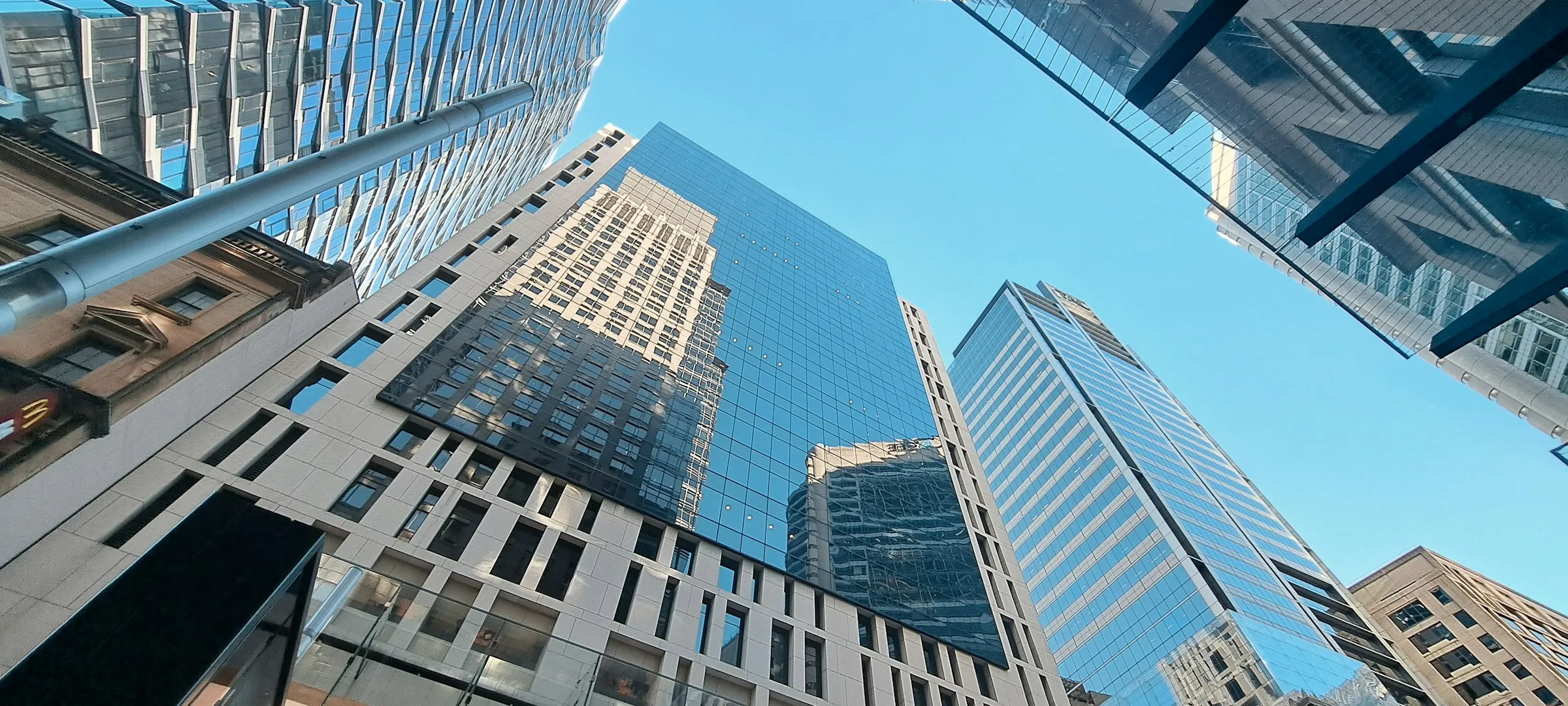 Modern office towers against a clear blue sky