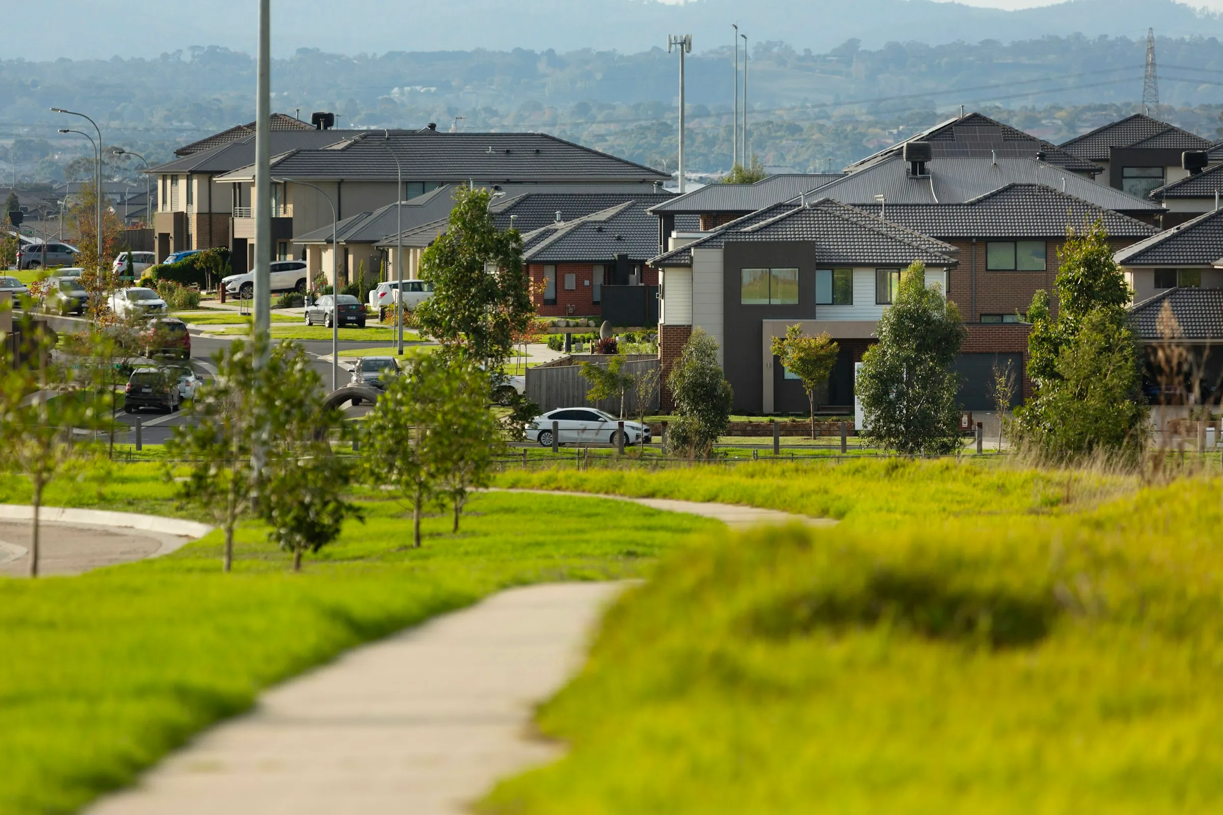 New homes under construction and recently completed in an Australian growth suburb
