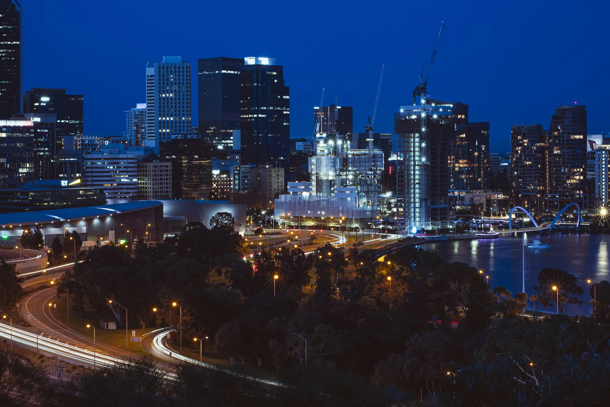 Perth city skyline and Elizabeth Quay lit up at night